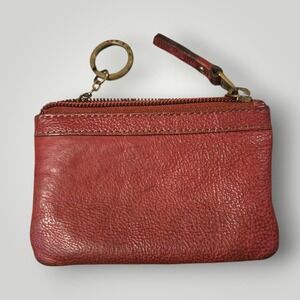 Fossil Red Brown Leather Zip Coin Card Key‎ Case Wallet Window Slot Keychain USA